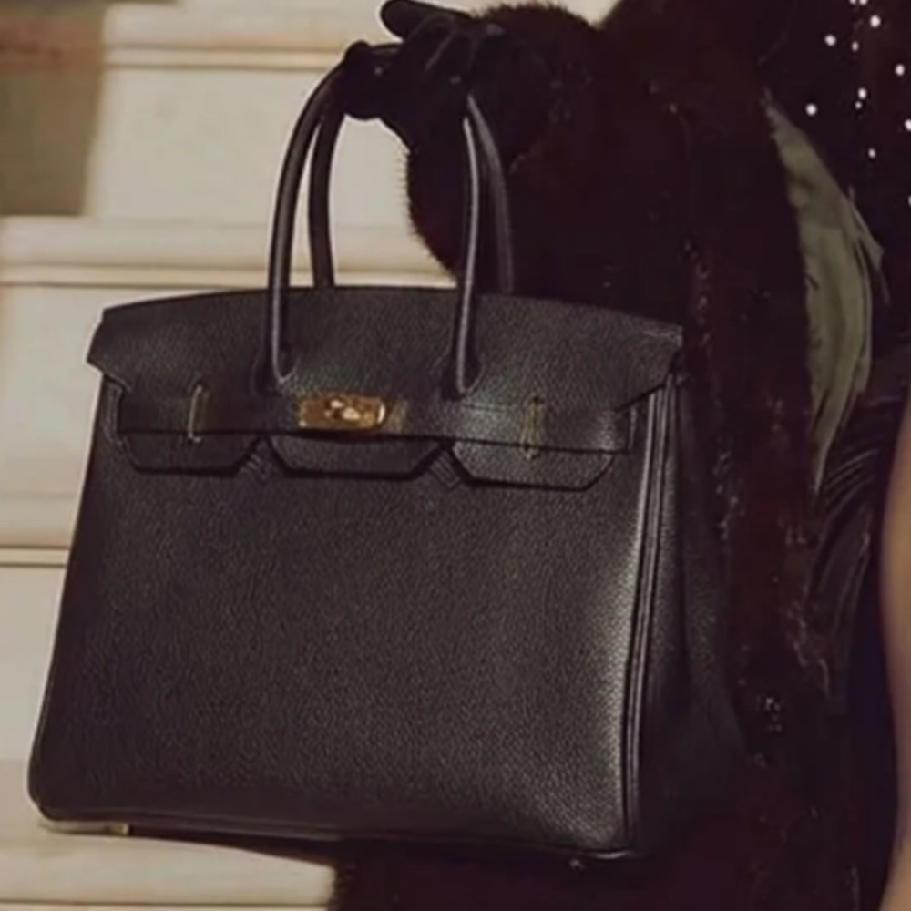 Black Leather Structured Top-Handle Bag